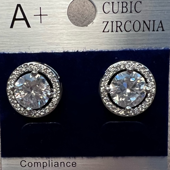 Cubic Zirconia Halo Stud Earrings - Silver Tone NWT - Picture 2 of 4